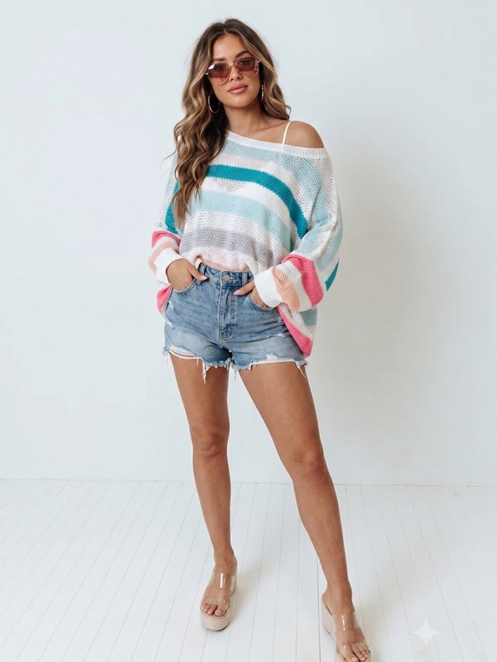 Pastel Striped Crochet Knit Oversized Boho Beach Sweater Top